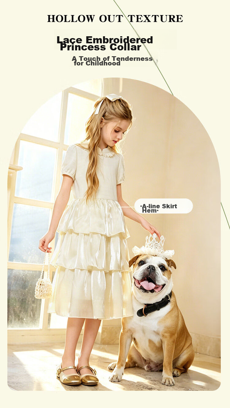 CHANZUIGOU Girls Mousse Cake Princess Dress 26 Summer New Children's Waterdrop Button Mid-Length Satin Dress 5